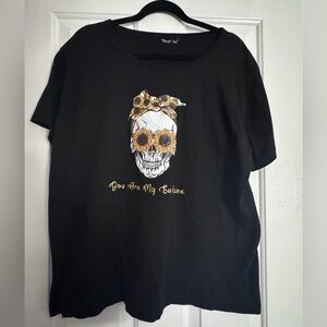 Black Graphic Tee with Skull and Sunflower Design